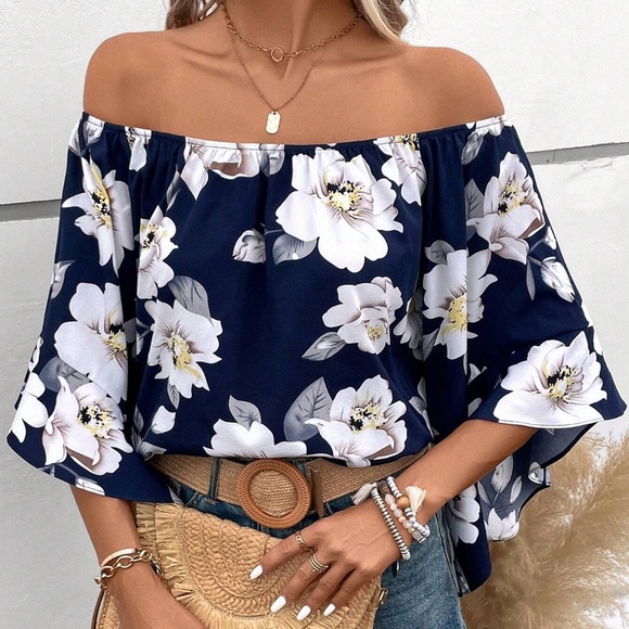 Boho Floral Print Off Shoulder Ruffle Sleeve Blouse - Picture 2 of 5